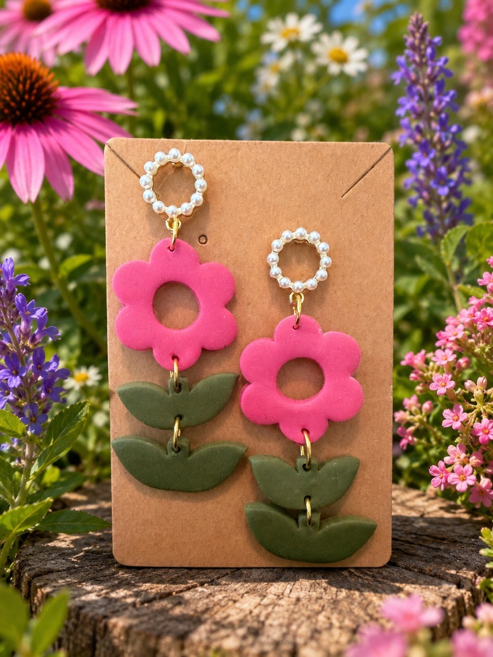 Floral Drop Handmade Polymer Clay Earrings in Pink and Green